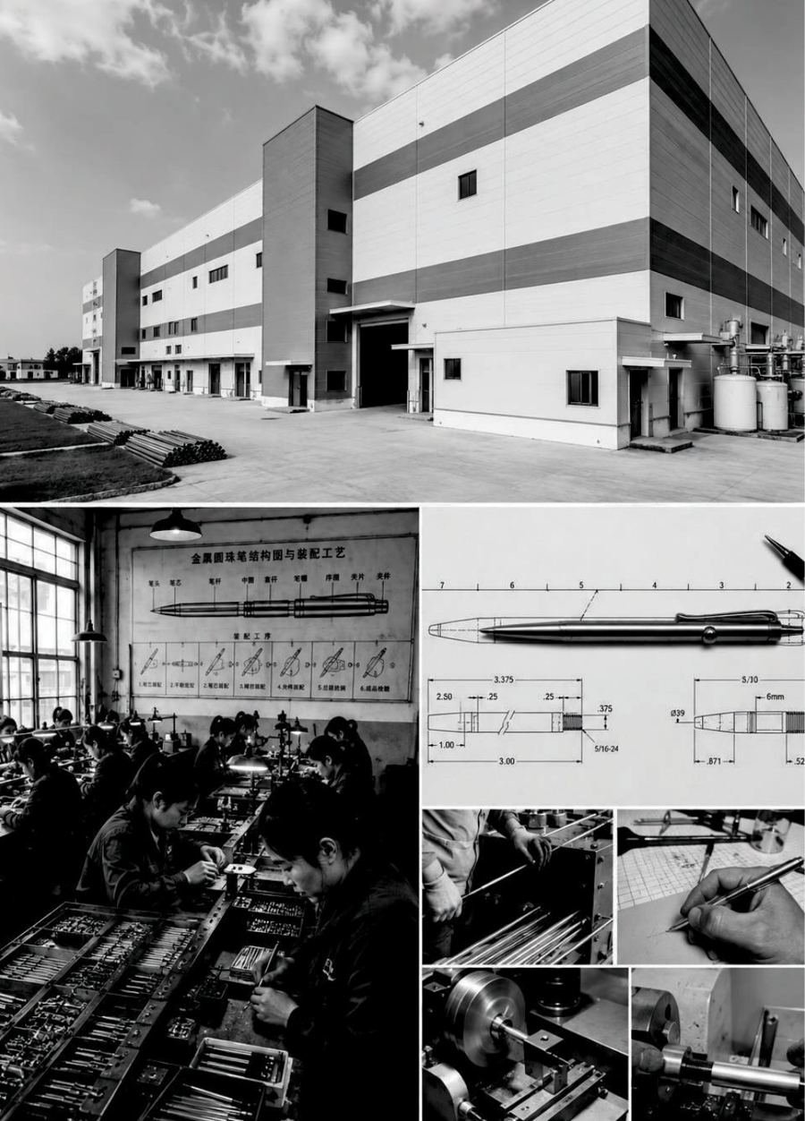 The manufacturing facility, assembly line, technical drawings and machining of metal pen components