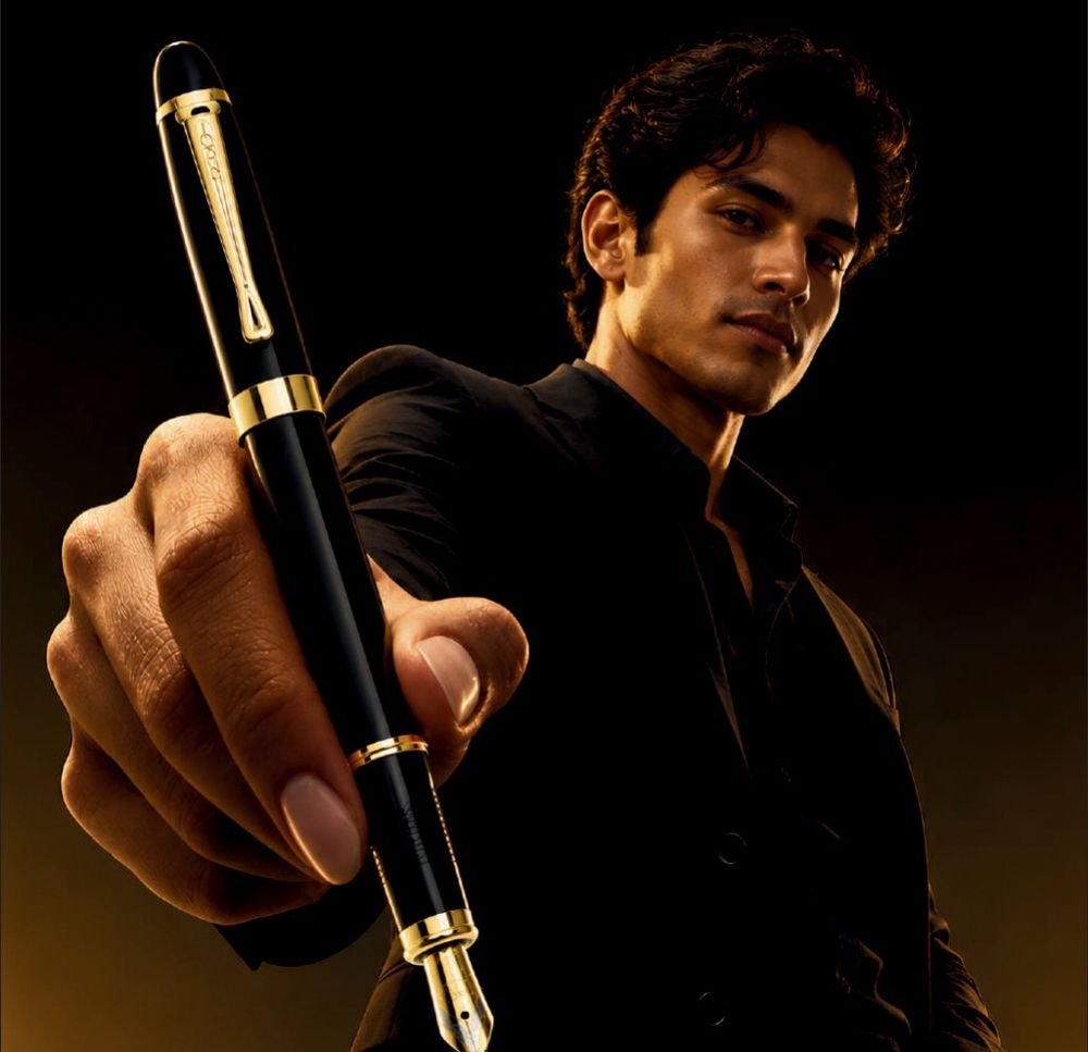 A man holding out a black lacquer fountain pen with gold trim toward the camera